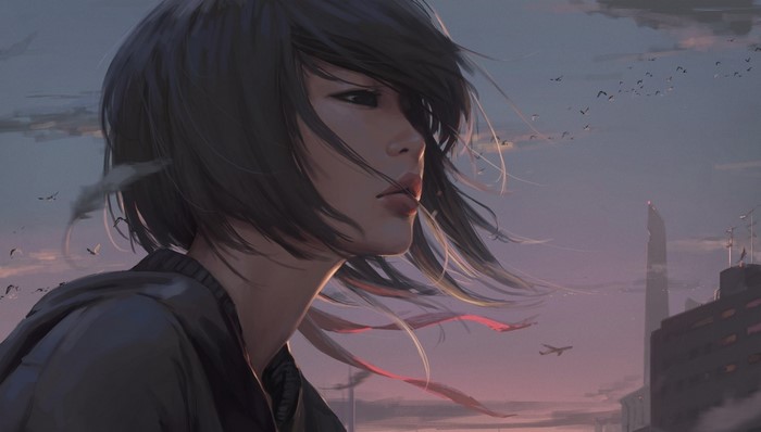 Anime artwork of a woman looking out over a city at dusk