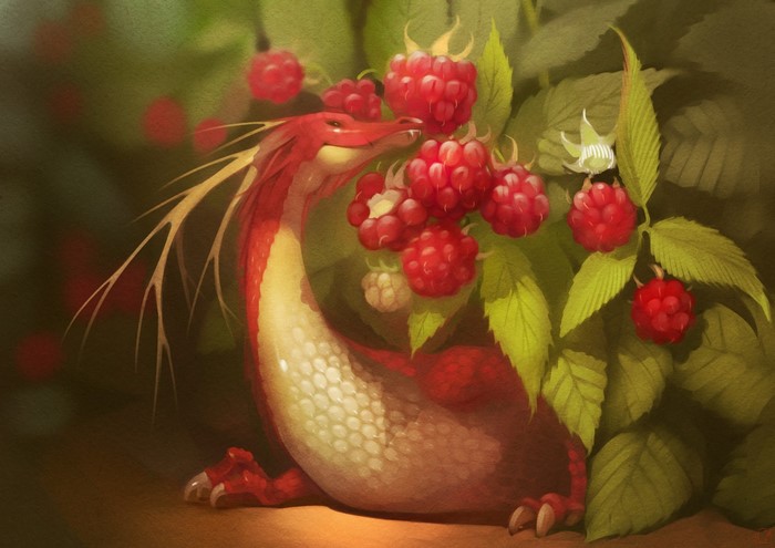 Red dragon eating raspberries from a bush