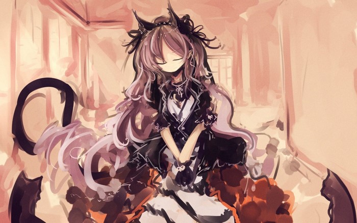Anime girl with cat ears and long hair in a dress