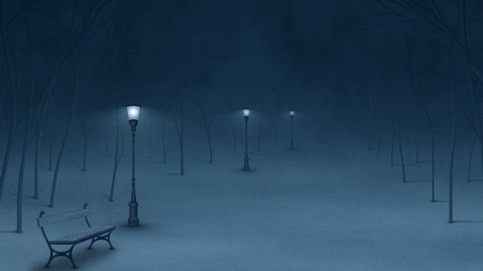 Snowy park at night with streetlights and a bench