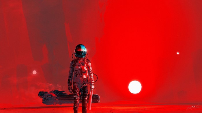 Astronaut on a red planet with two suns