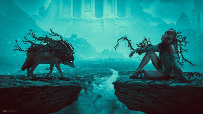 Fantasy art of a wolf and a woman with plants