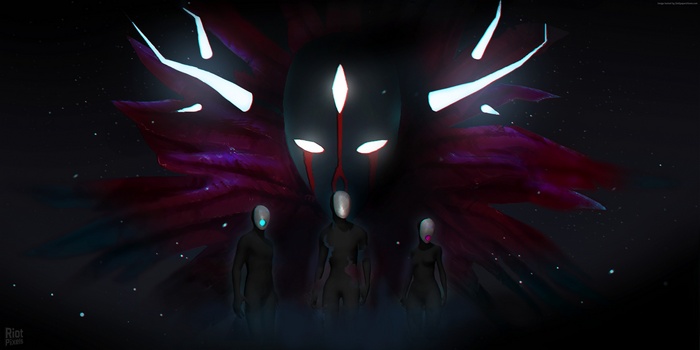 Three figures stand before a large, ominous mask