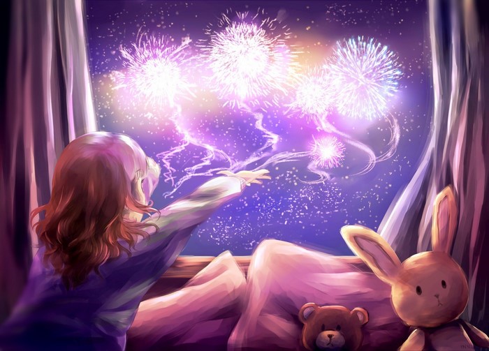 Girl watching fireworks from a window with stuffed animals