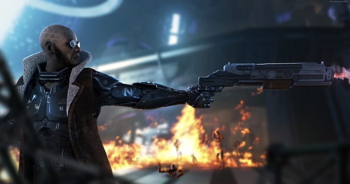 Man with cybernetic arm firing a futuristic gun