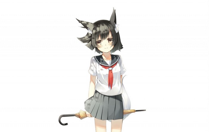 Anime girl with cat ears in sailor uniform holding umbrella