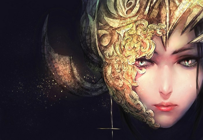 Fantasy art of a woman with a golden mask