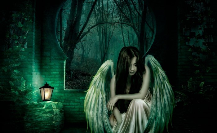 Fantasy art of an angel in a dark forest