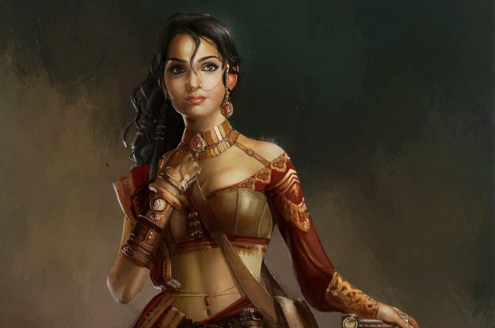 Fantasy art of a woman warrior in ornate attire