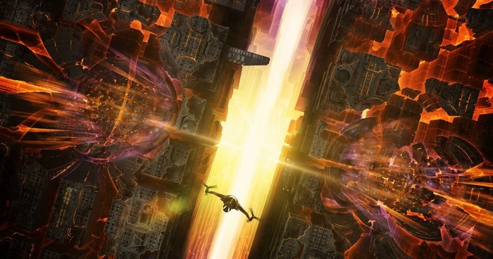 Science fiction artwork with spaceship and glowing structures