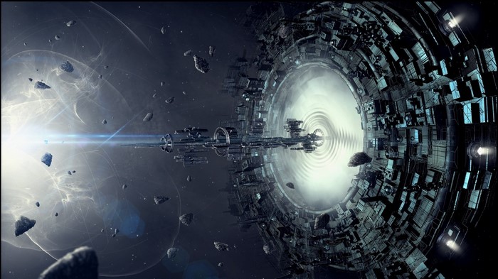 Spaceship near a massive ring-shaped space station