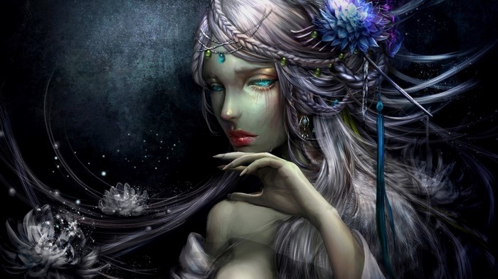 Fantasy art of a woman with white hair and blue flower