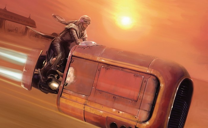 Rey on a speeder from Star Wars The Force Awakens
