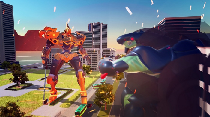 100ft Robot Golf robots in a city