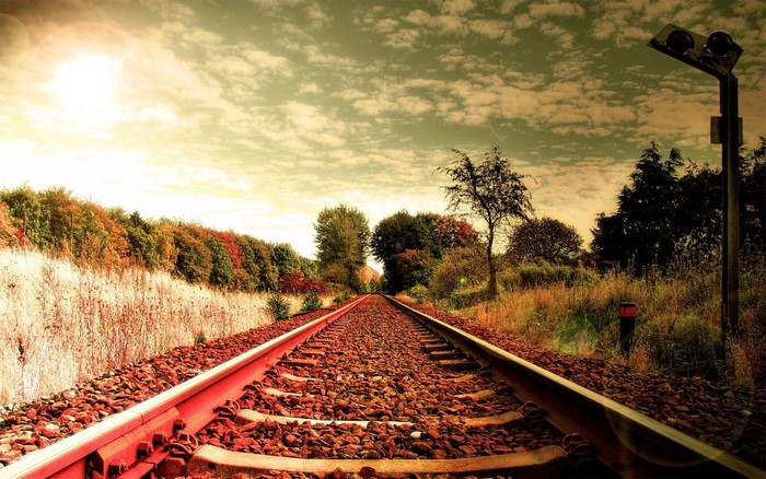 Railway tracks in autumn landscape at sunset