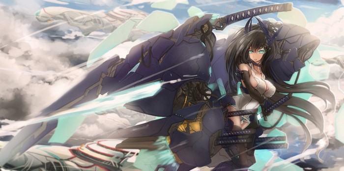 Anime girl with black hair and mecha weapon