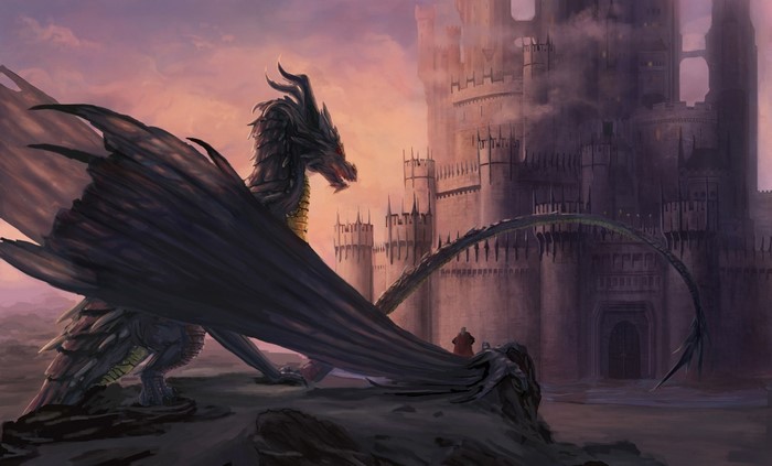 Dragon in front of a castle at sunset