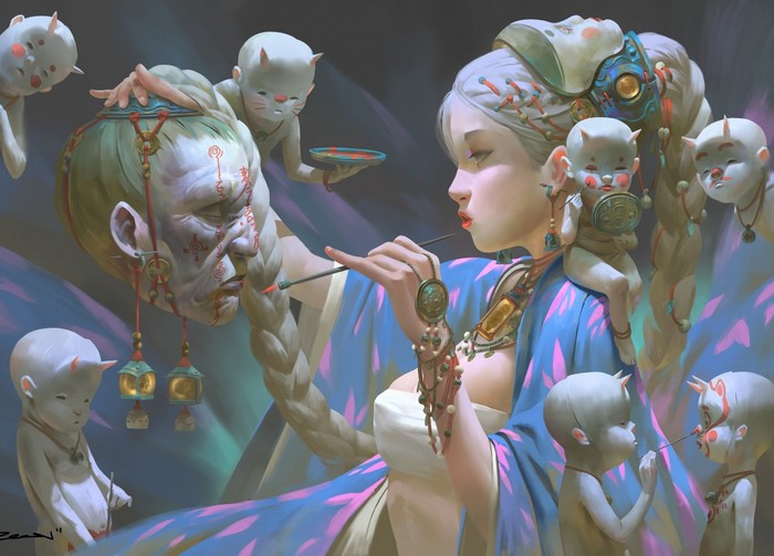 Fantasy art of a woman painting a mask with children