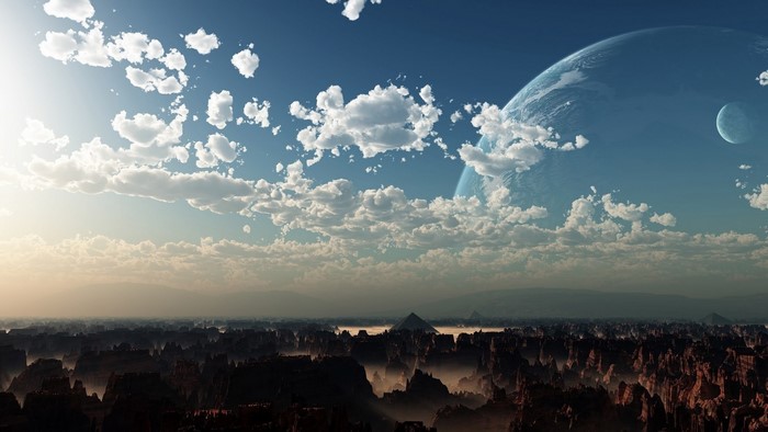 Alien planet landscape with large planet and moon