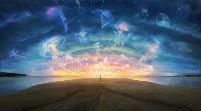 Fantasy art of jellyfish in the sky over a beach