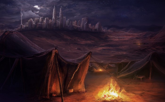 Fantasy city skyline at night with desert tents and campfire