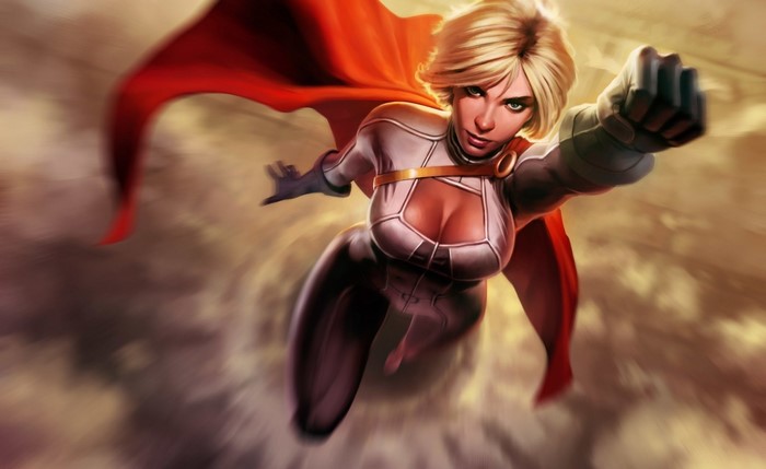 Power Girl flying with red cape