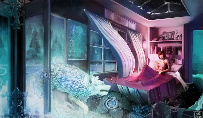 Fantasy art of a girl in bed with a wolf