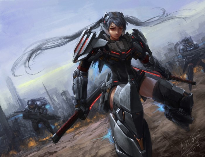 Futuristic warrior women in mecha armor with swords