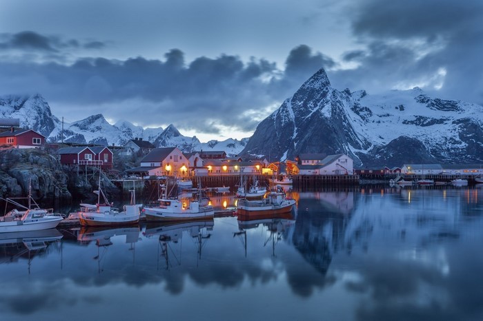 Serene Evening in Snowy Norwegian Harbor