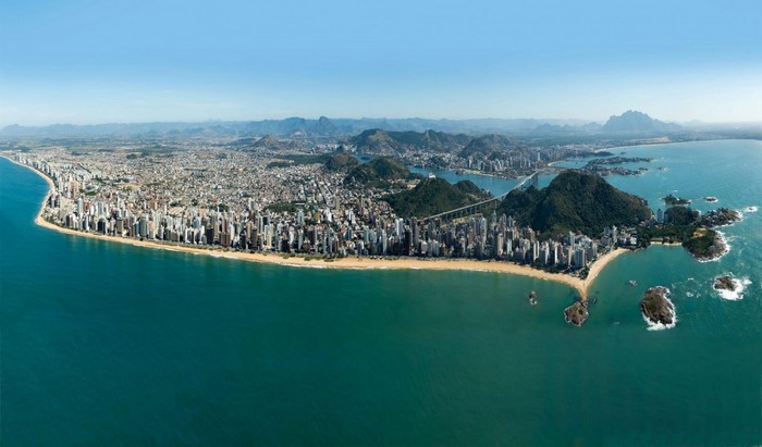 Aerial view of Vila Velha cityscape and coastline, Brazil