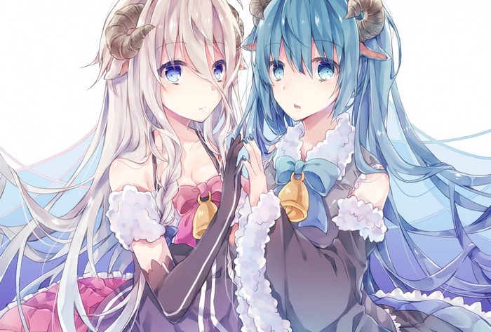 Two anime girls with horns and bells