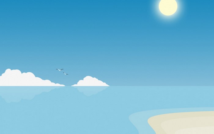 Minimalist beach scene with sun and clouds