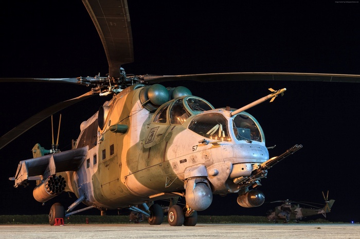 Mil Mi-24 Hind attack helicopter at night