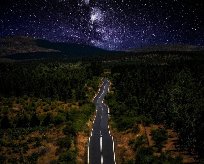 Winding road through forest under starry night sky with meteor