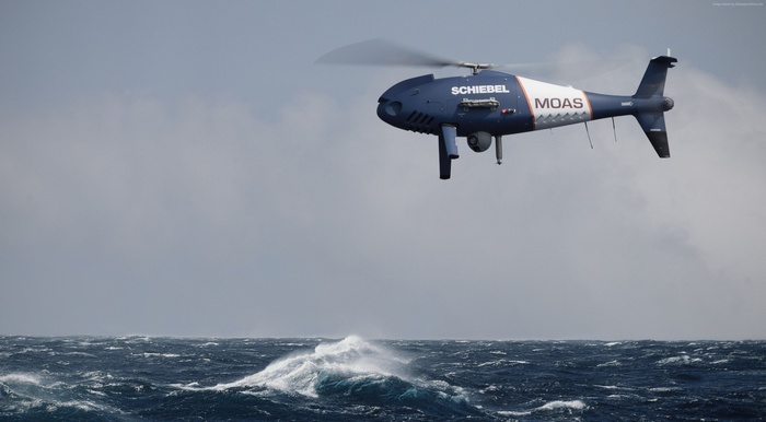 Schiebel S-100 Camcopter MOAS drone over rough sea