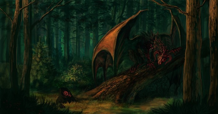 Dragon resting on a fallen tree in a dark forest