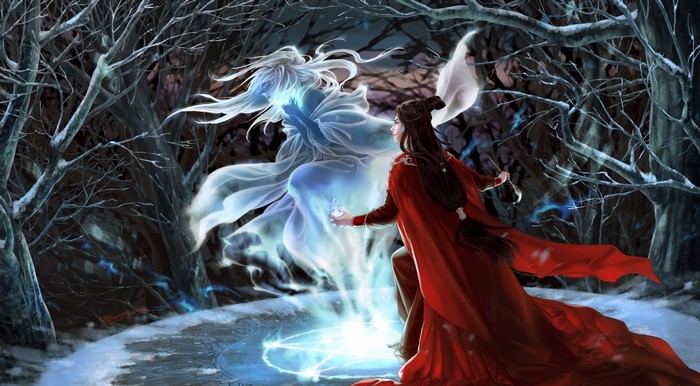 Fantasy art of a spirit and a person in a forest