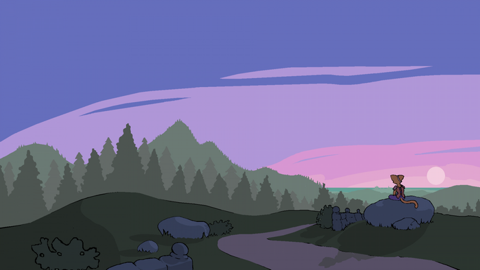Furry character sitting on a rock overlooking a landscape at sunset