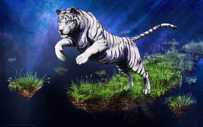 White tiger leaping over floating islands in space