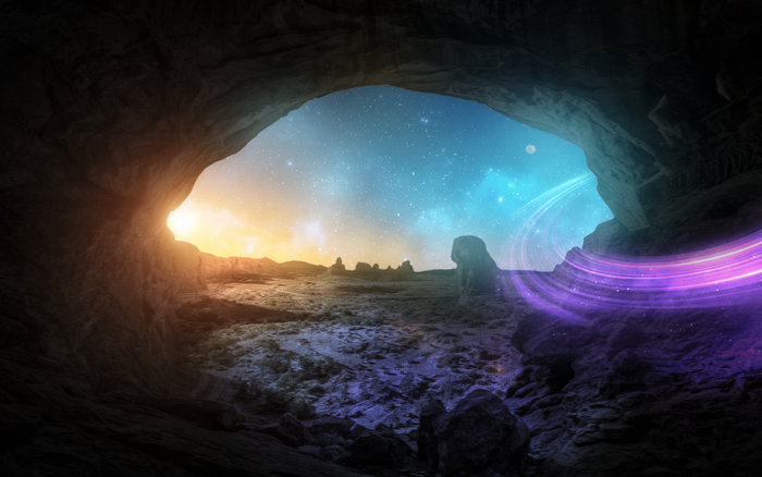 Cave opening to a surreal alien landscape with a starry sky
