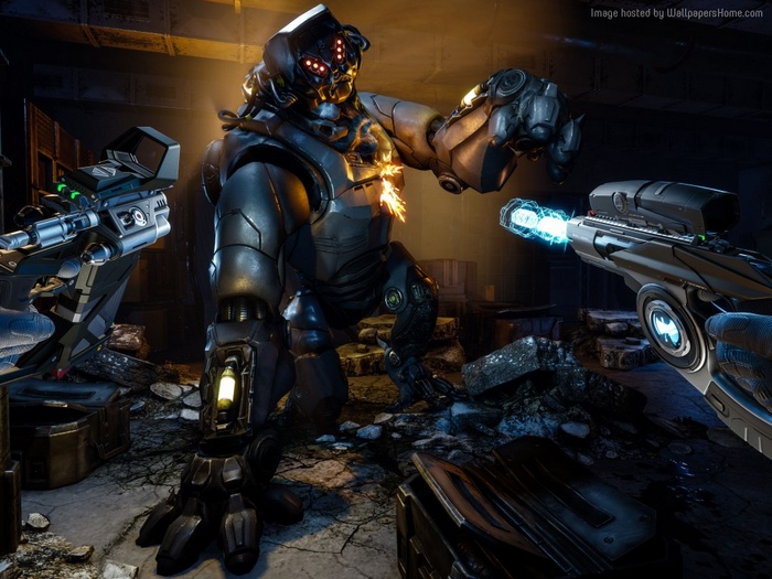 Arktika.1 VR game with robot and weapons