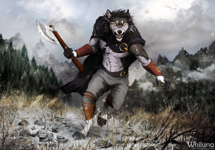 Anthro Worgen warrior with axe in snowy mountains