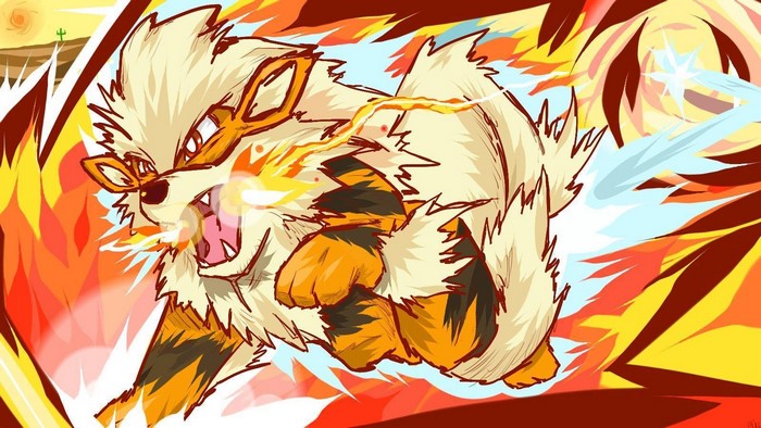 Arcanine from Pokemon using a fire attack