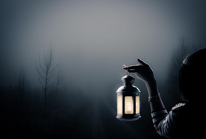 Woman holding a lantern in a foggy forest at night