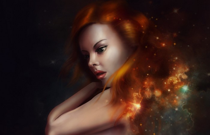 Fantasy art of a woman with red hair and stars