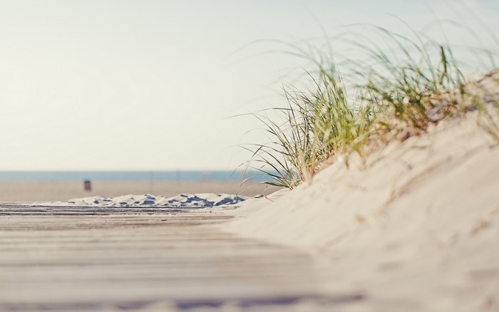 Beach boardwalk with sand dunes and ocean in the background