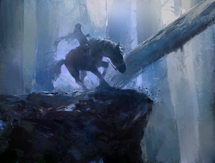 A hooded figure rides a horse through a misty forest