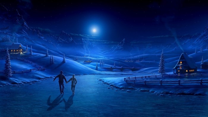 Couple ice skating under the moonlight in a snowy landscape