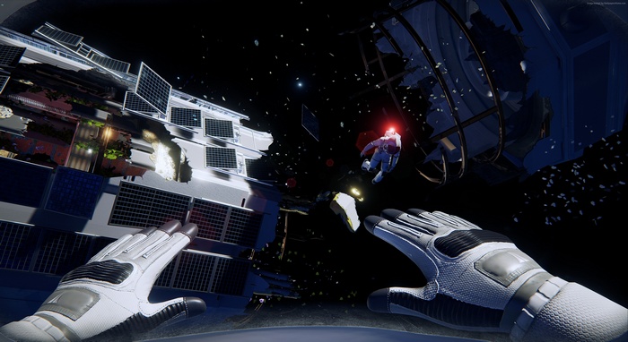Astronaut floating near damaged space station in Adr1ft