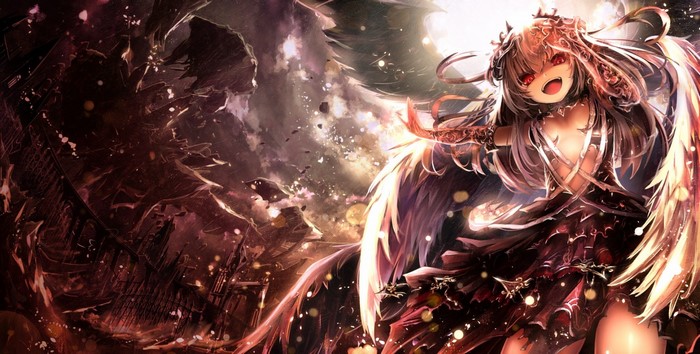 Anime girl with wings and red eyes in a dark fantasy setting